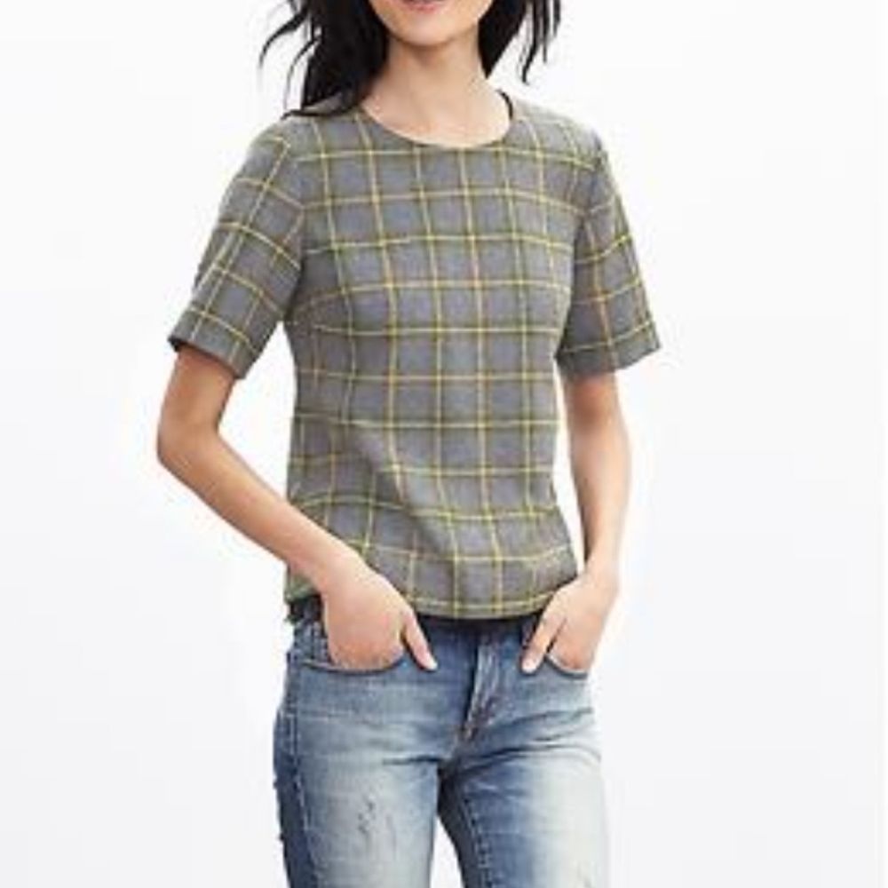 BANANA REPUBLIC Wool blend Plaid Lace Trim Tweed Top - Large
